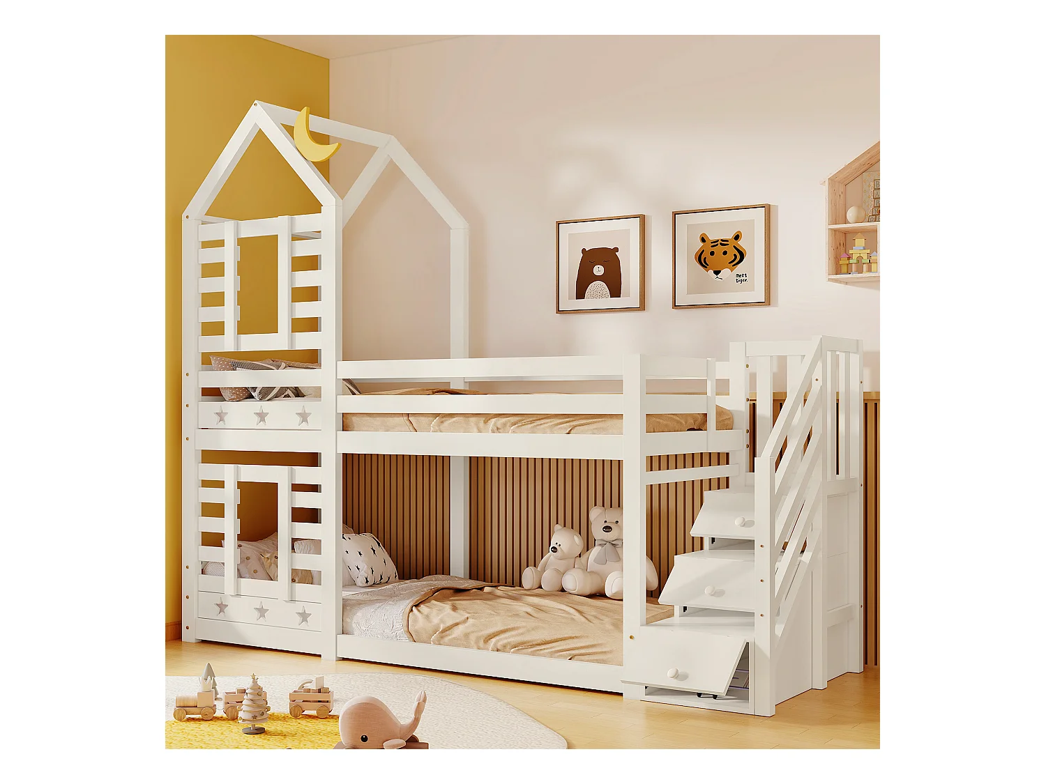 Lit superposé cabane 90x200 cm - Sécurité renforcée - Blanc (sans matelas)