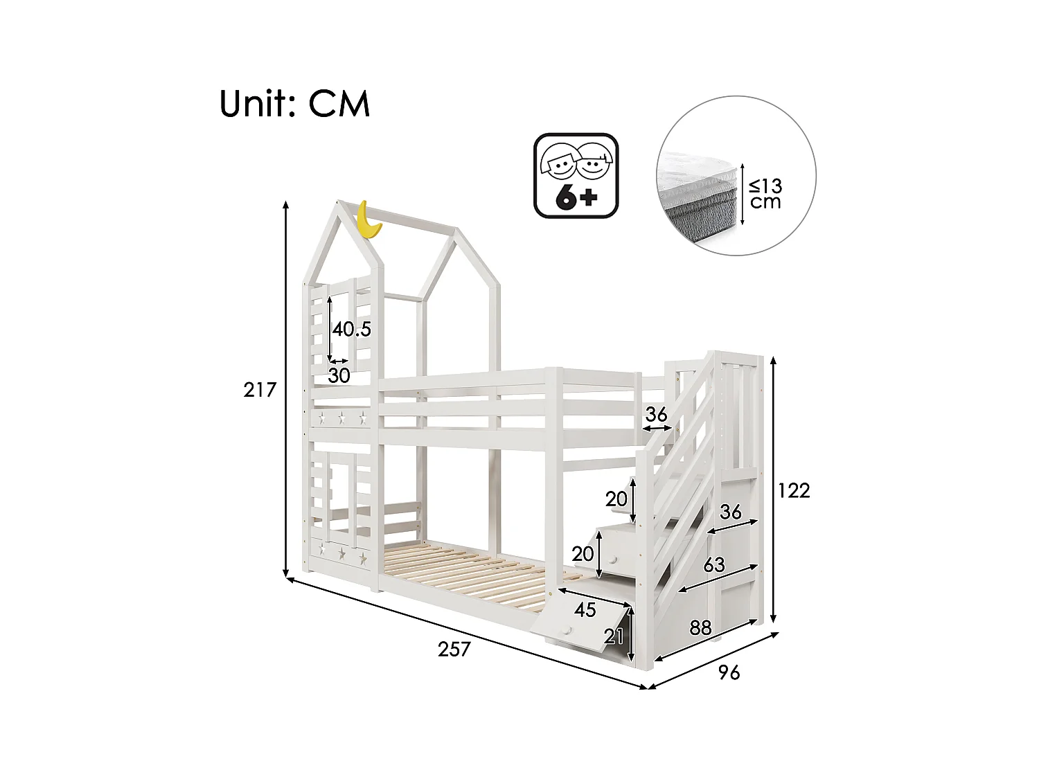 Lit superposé cabane 90x200 cm - Sécurité renforcée - Blanc (sans matelas)
