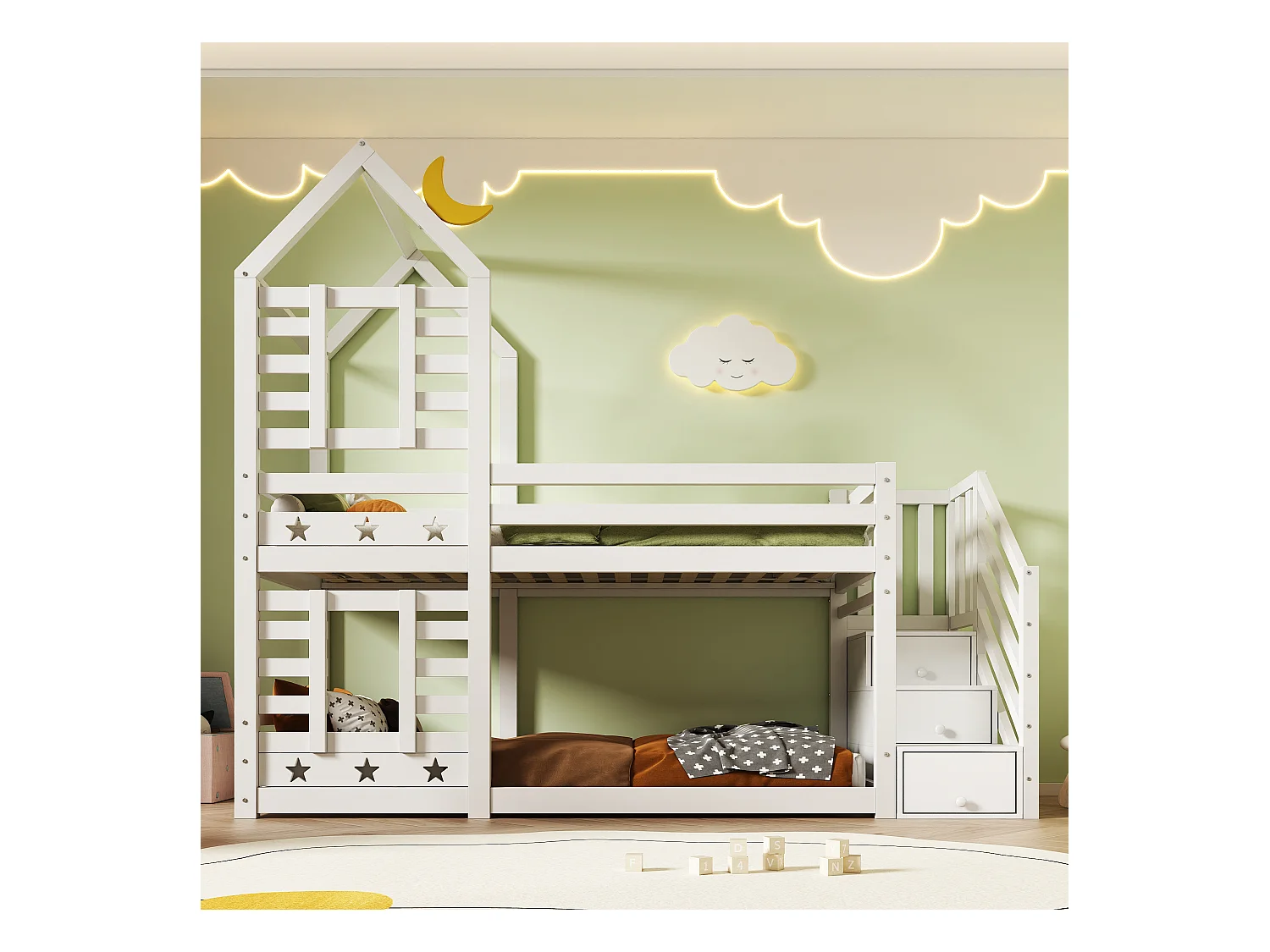 Lit superposé cabane 90x200 cm - Sécurité renforcée - Blanc (sans matelas)