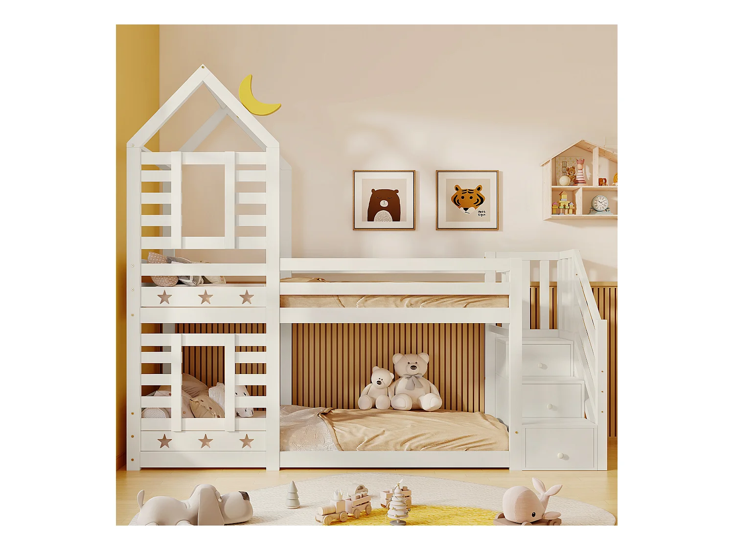 Lit superposé cabane 90x200 cm - Sécurité renforcée - Blanc (sans matelas)