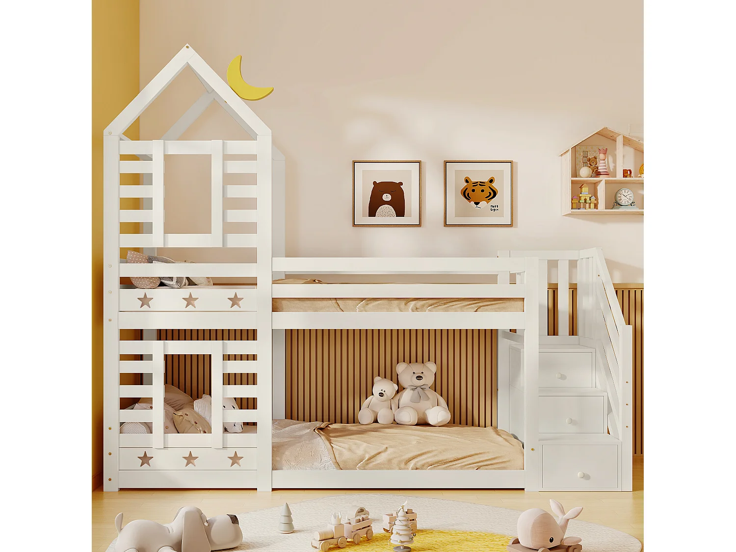 Lit superposé cabane 90x200 cm - Sécurité renforcée - Blanc (sans matelas)