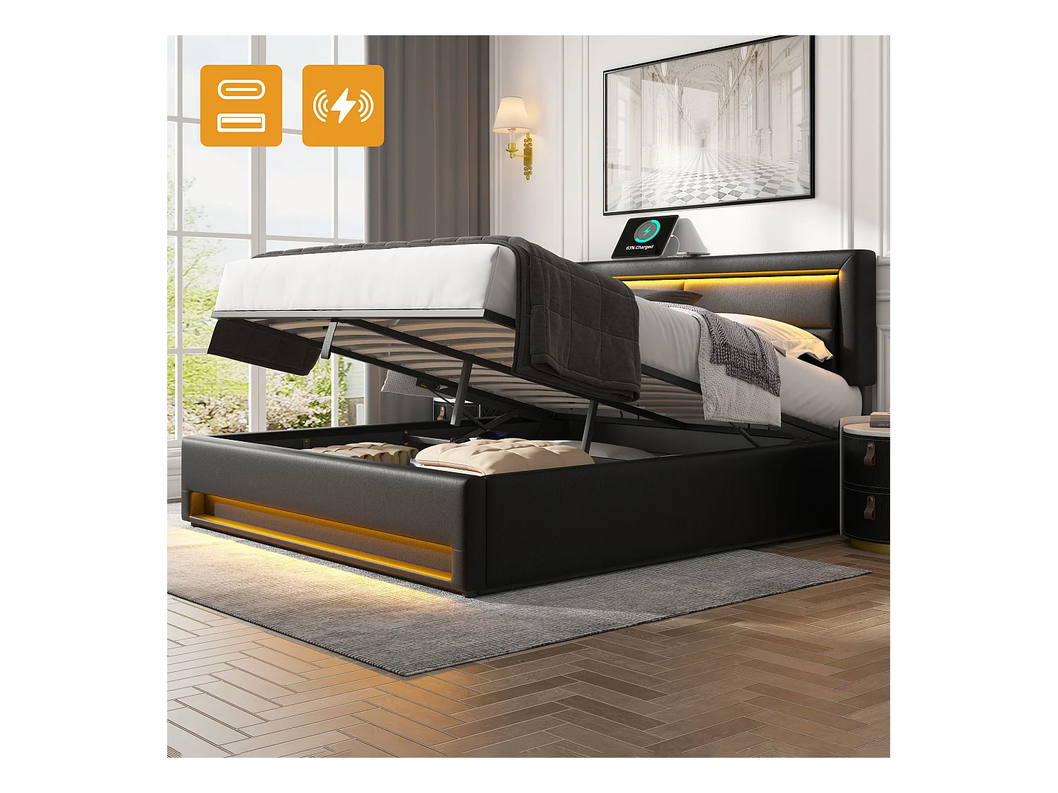Lit coffre adulte 140x190 cm avec port USB et éclairage LED, PU Noir, sans matelas