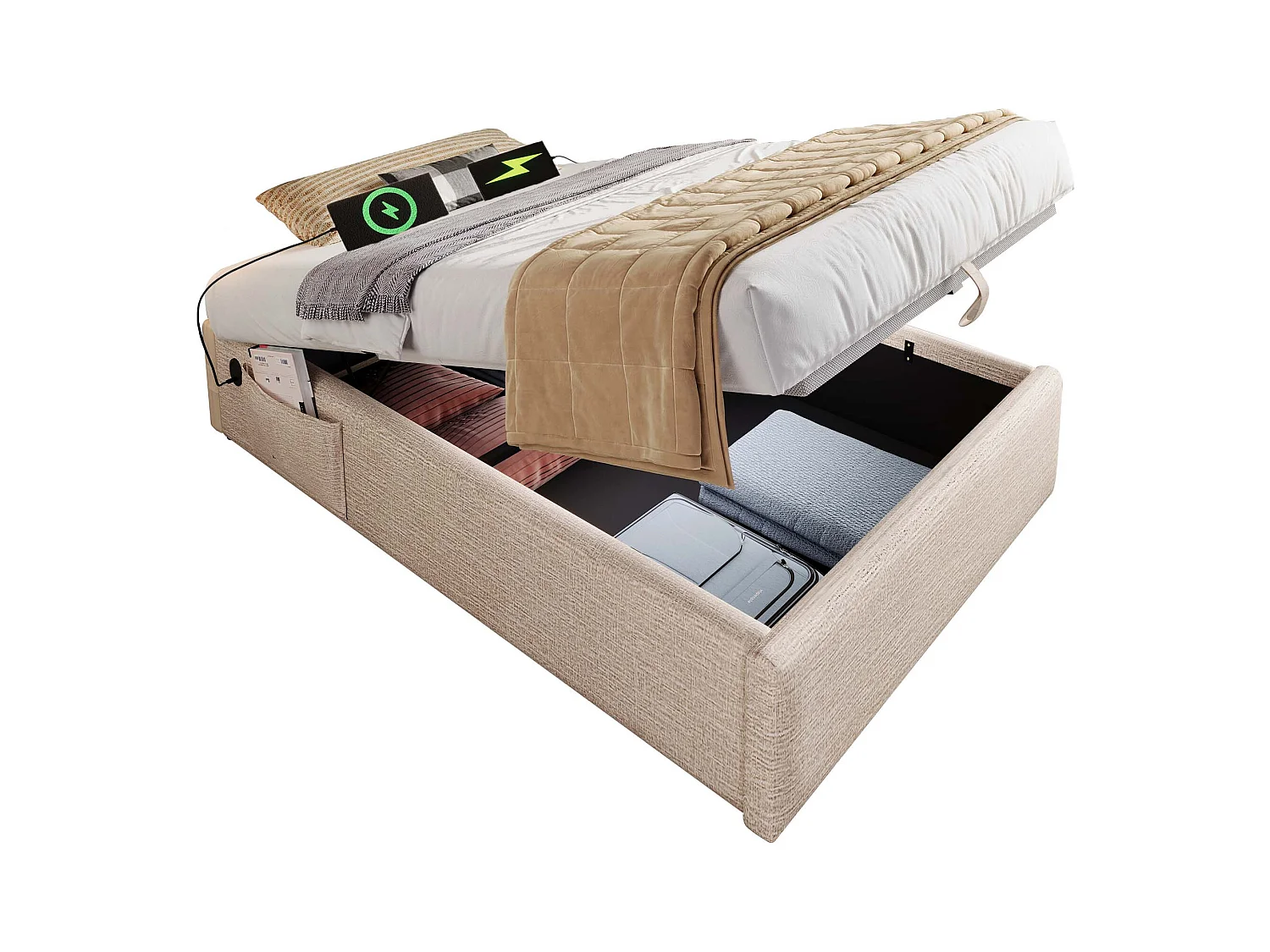 Cama baú simples 90x190 cm com USB-C, linho bege natural (sem colchão)