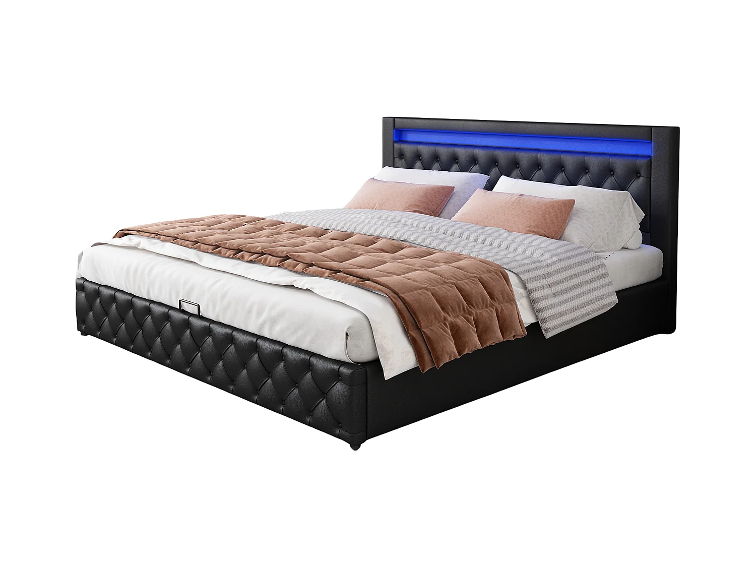 Opbergbed dubbel 160x200 cm met lattenbodem en LED, zwart PU (zonder matras)