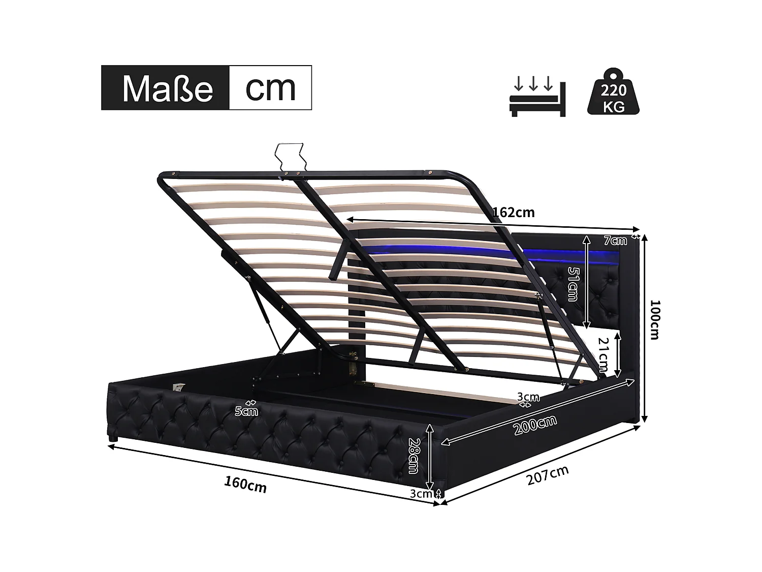 Opbergbed dubbel 160x200 cm met lattenbodem en LED, zwart PU (zonder matras)