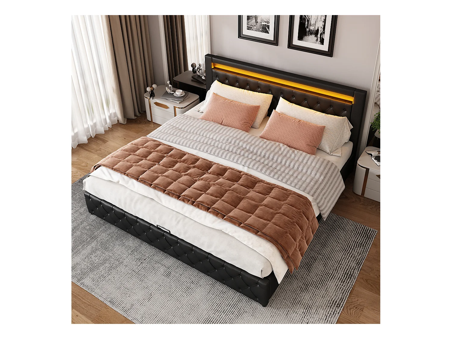 Opbergbed dubbel 160x200 cm met lattenbodem en LED, zwart PU (zonder matras)