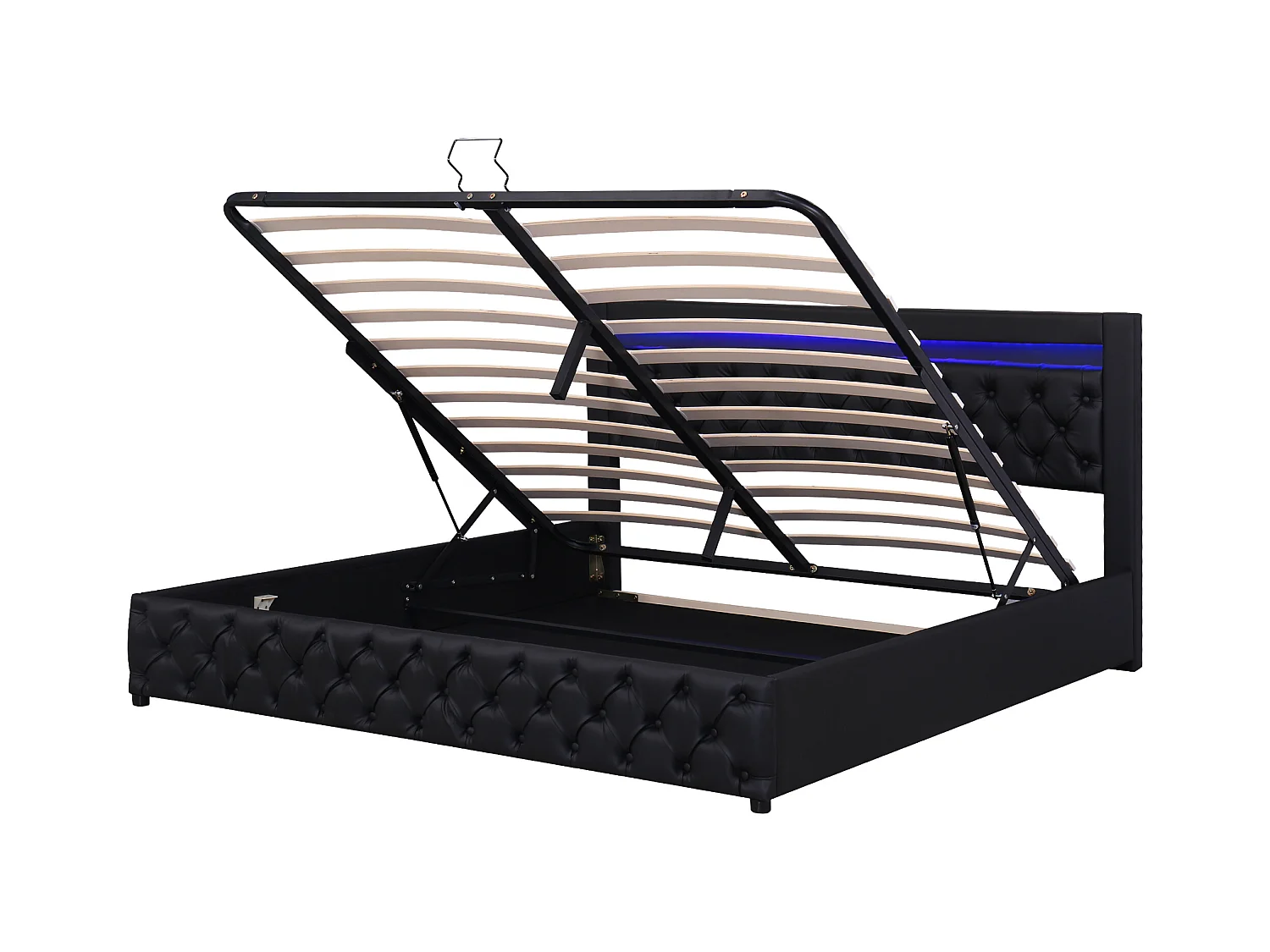 Lit coffre adulte 160x200 cm avec sommier à lattes et LED, PU noir(sans matelas)