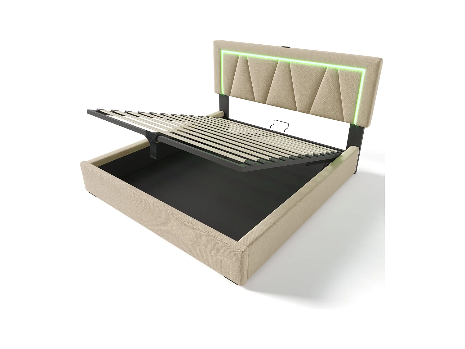 Lit coffre adulte 140x200 cm en lin beige - Lit avec LED, USB Type-C, sommier à lattes (sans matelas)