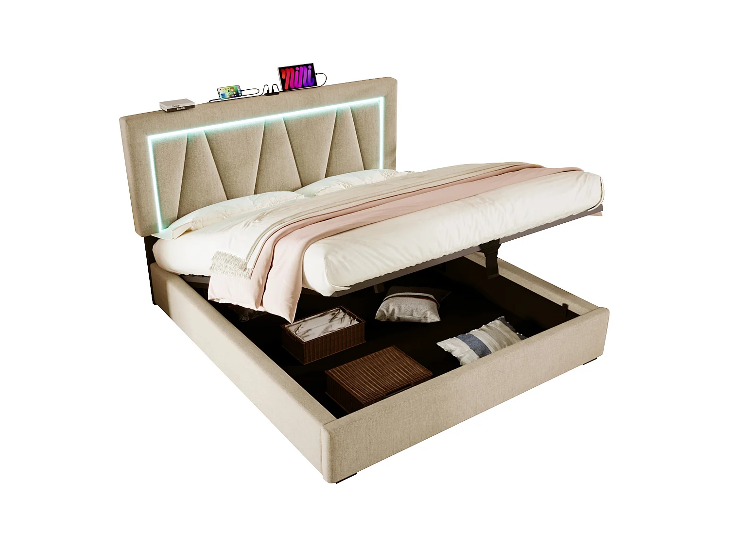 Lit coffre adulte 140x200 cm en lin beige - Lit avec LED, USB Type-C, sommier à lattes (sans matelas)
