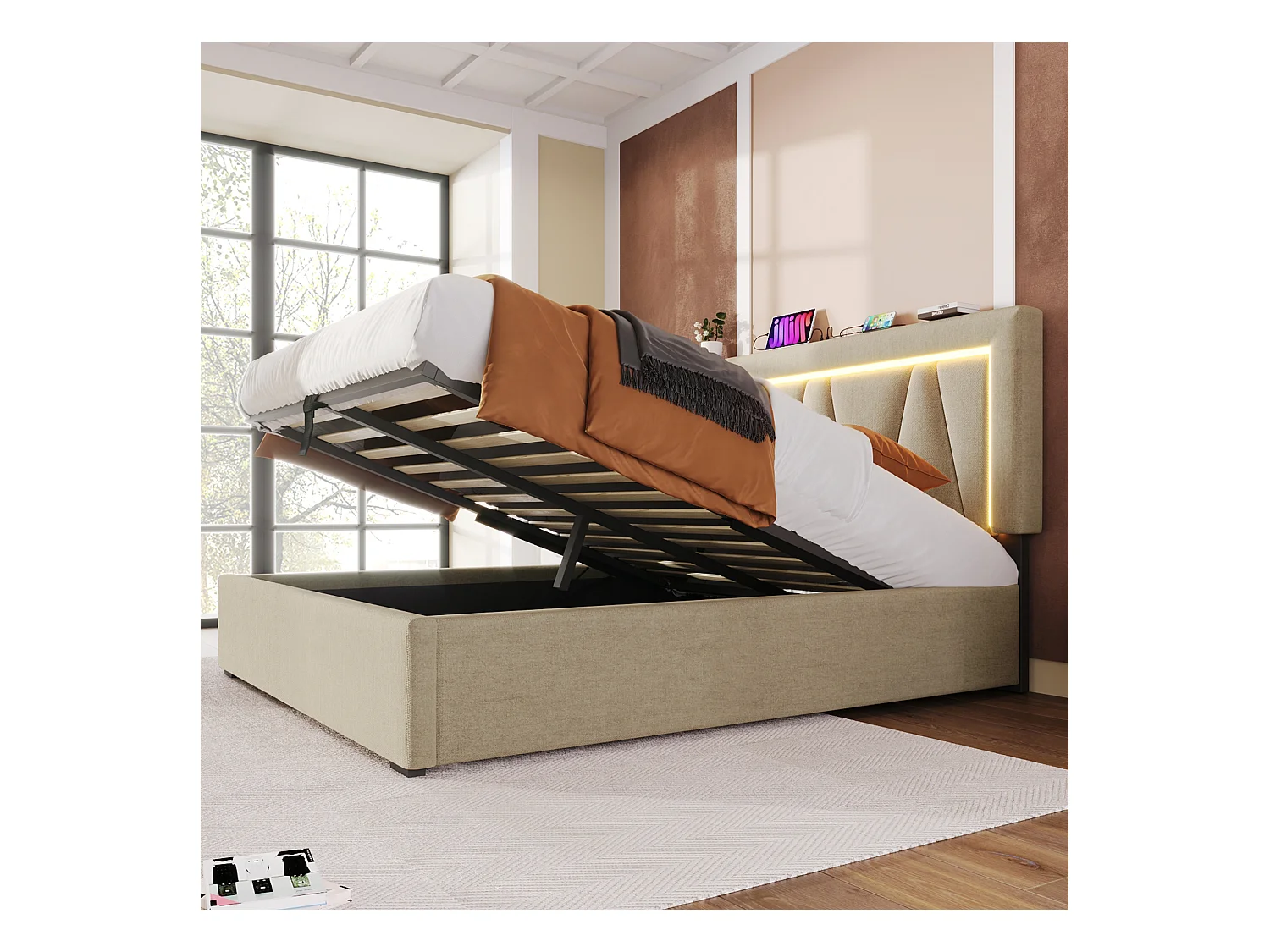 Lit coffre adulte 140x200 cm en lin beige - Lit avec LED, USB Type-C, sommier à lattes (sans matelas)
