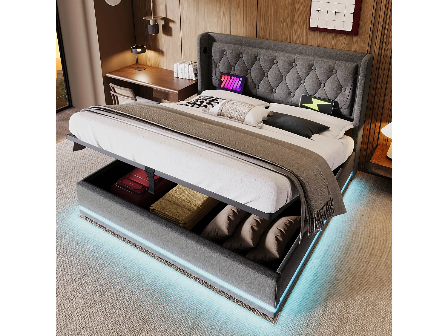 Cama baúl doble 180x200 cm en algodón gris - con cabecero acolchado, USB-C y LED en 3 lados (sin colchón)