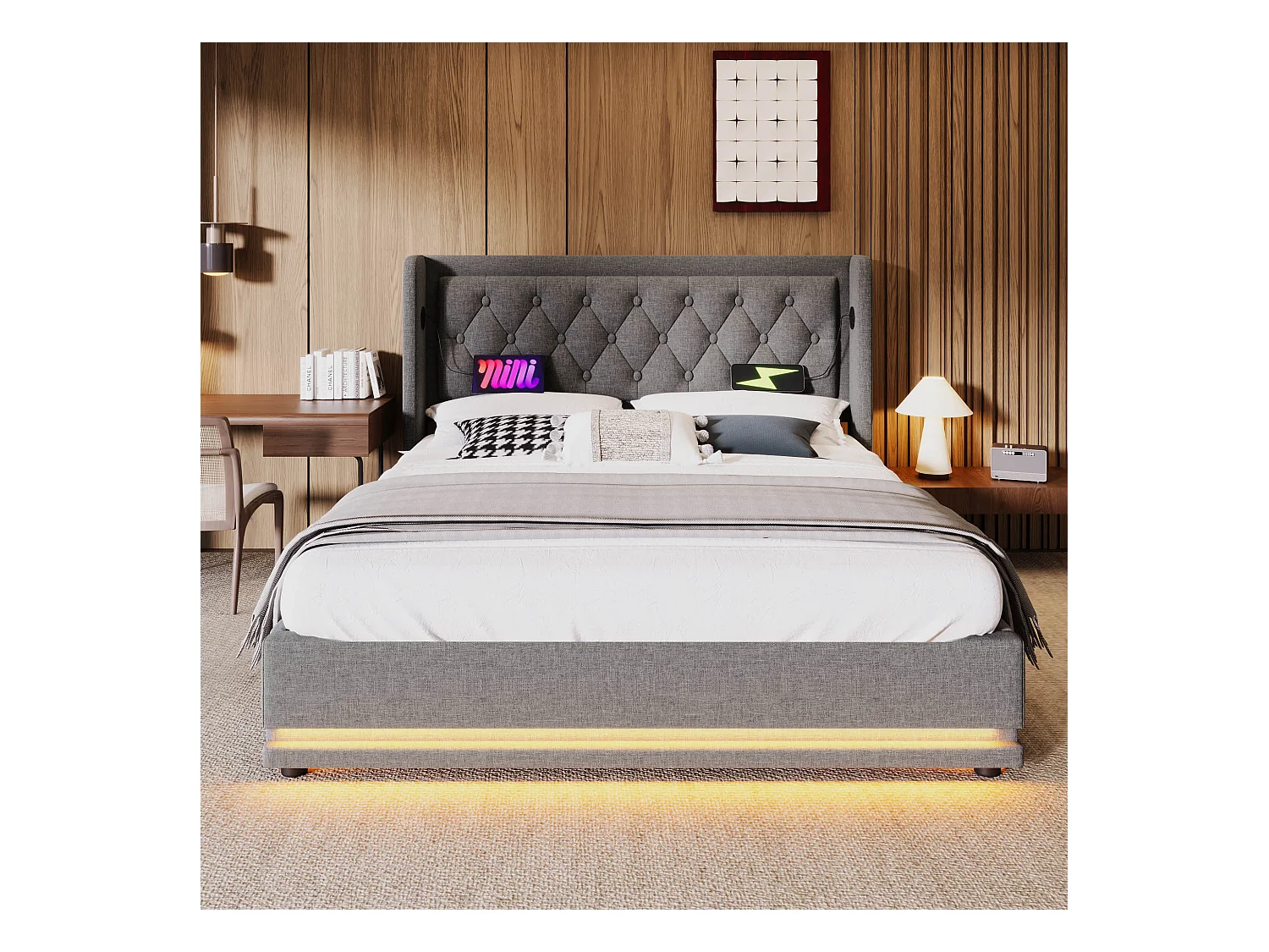 Lit coffre adulte 180x200 cm en coton gris - avec tête de lit rembourrée, USB-C et LED 3 côtés (sans matelas)