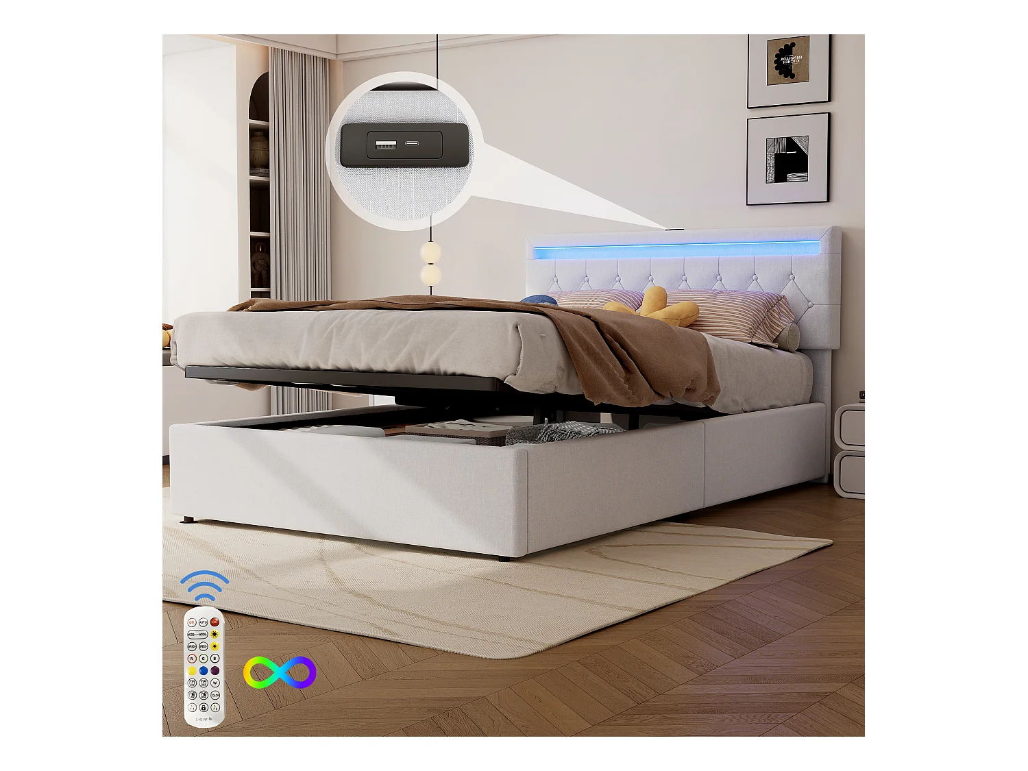 Lit coffre adulte 140x200 cm - Lit rembourré avec LED et USB - Blanc, sans matelas