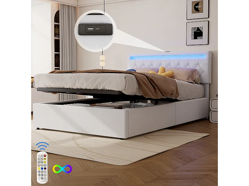 Tweepersoons opbergbed 140x200 cm – Gestoffeerd bed met LED-verlichting en USB-poort – Wit (zonder matras)