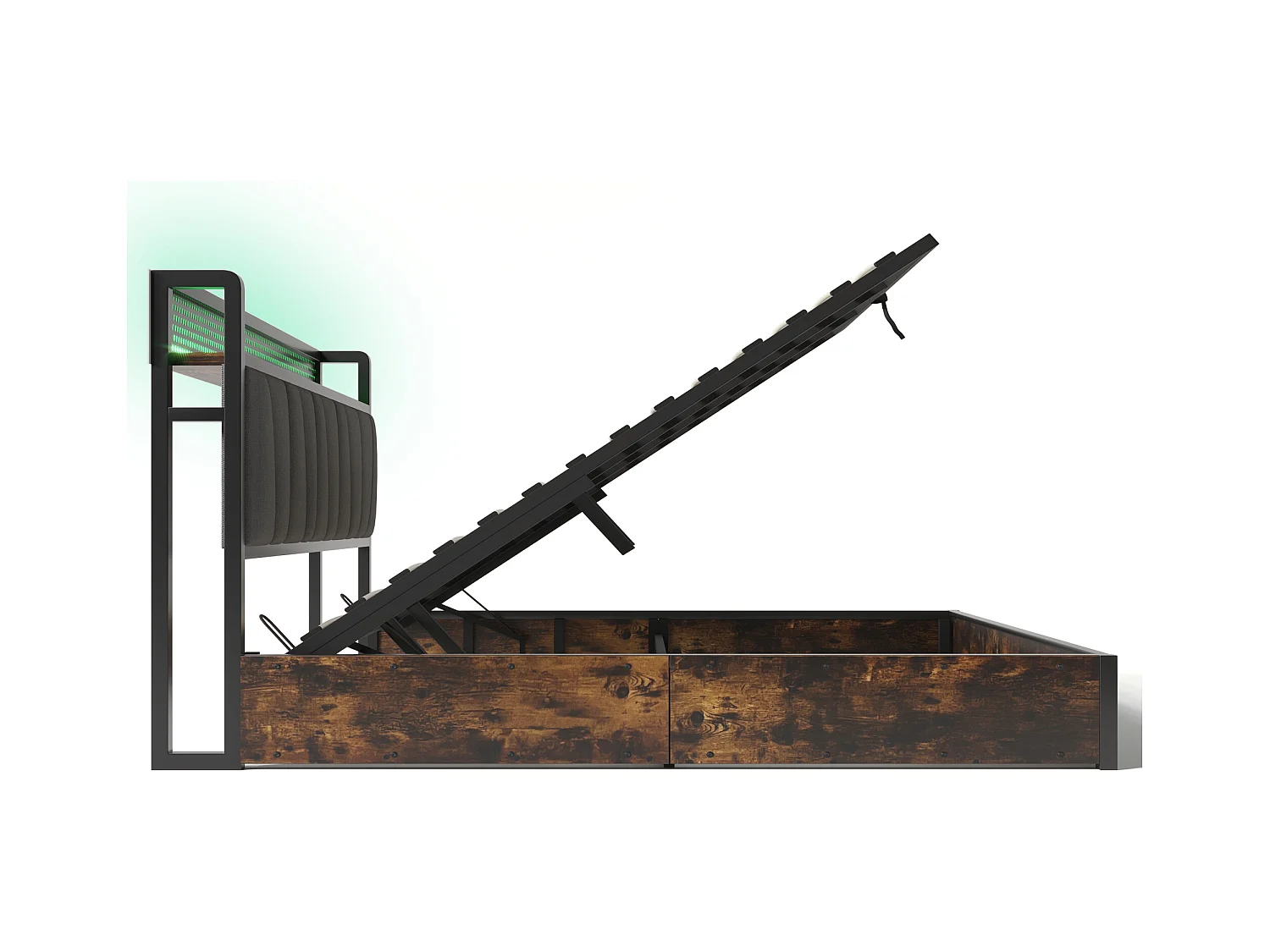 Lit coffre adulte 180x200 cm avec LED et USB, Sommier en bois, Tissu en lin Gris, sans matelas