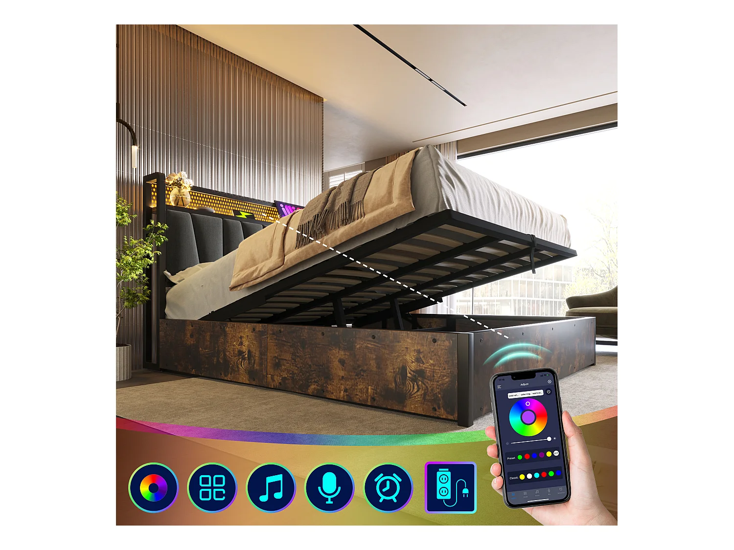 Lit coffre adulte 180x200 cm avec LED et USB, Sommier en bois, Tissu en lin Gris, sans matelas