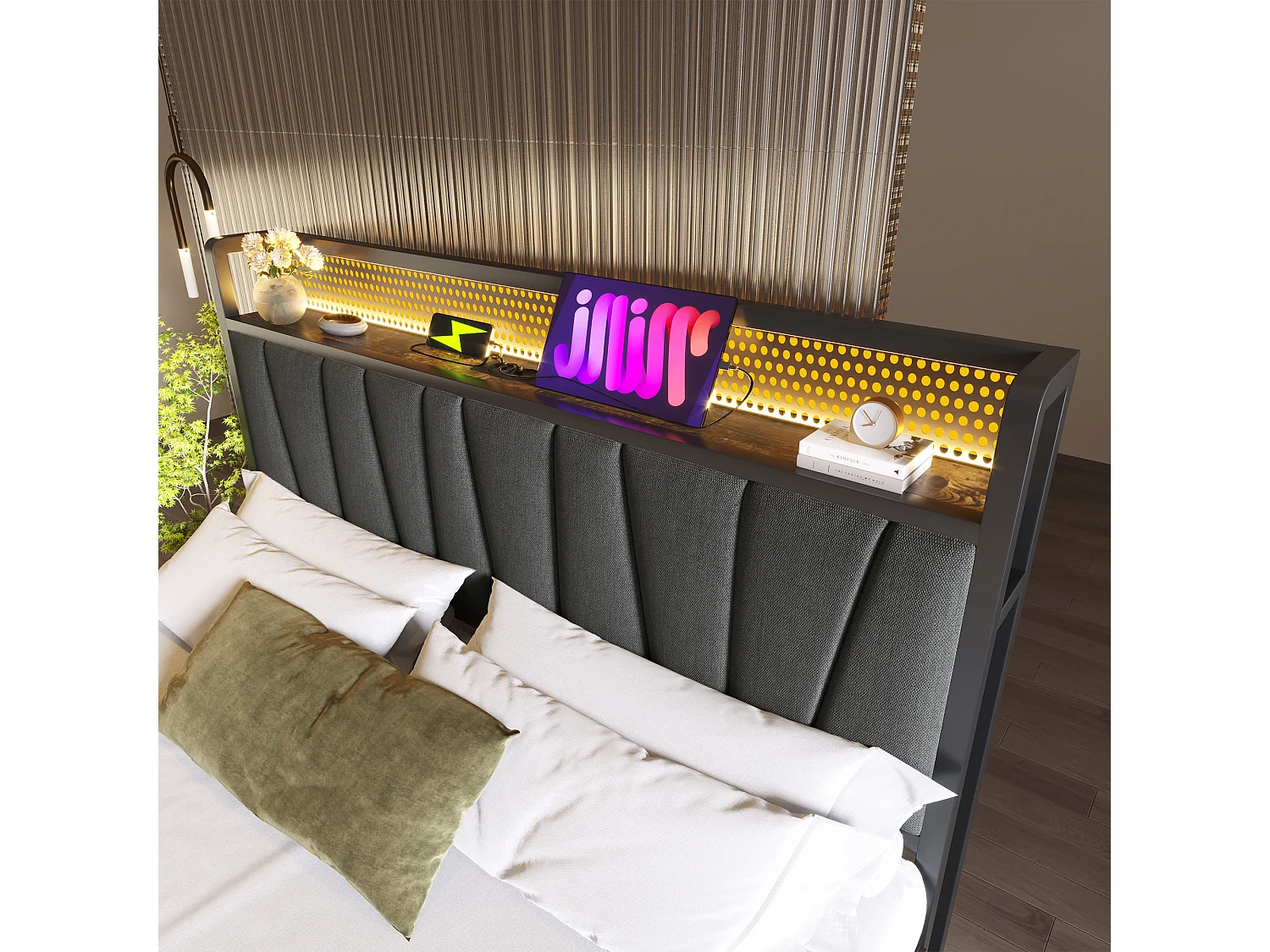 Lit coffre adulte 180x200 cm avec LED et USB, Sommier en bois, Tissu en lin Gris, sans matelas