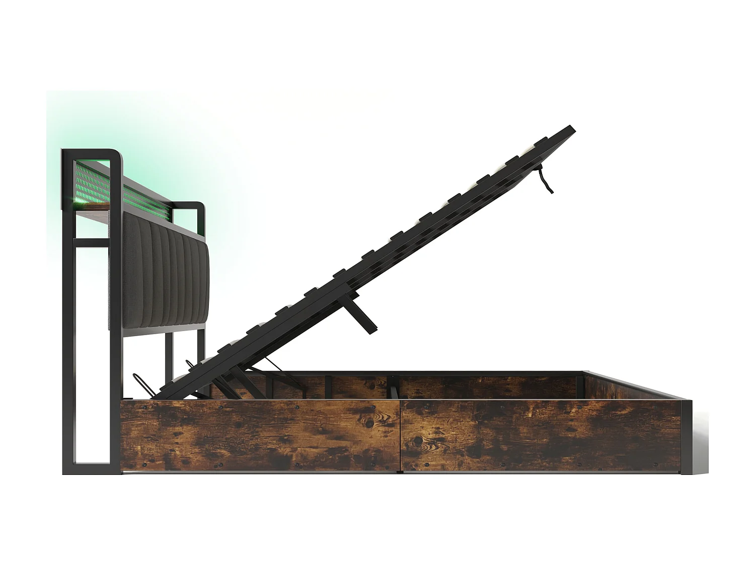 Lit coffre adulte 180x200 cm avec LED et USB, Sommier en bois, Tissu en lin Gris, sans matelas