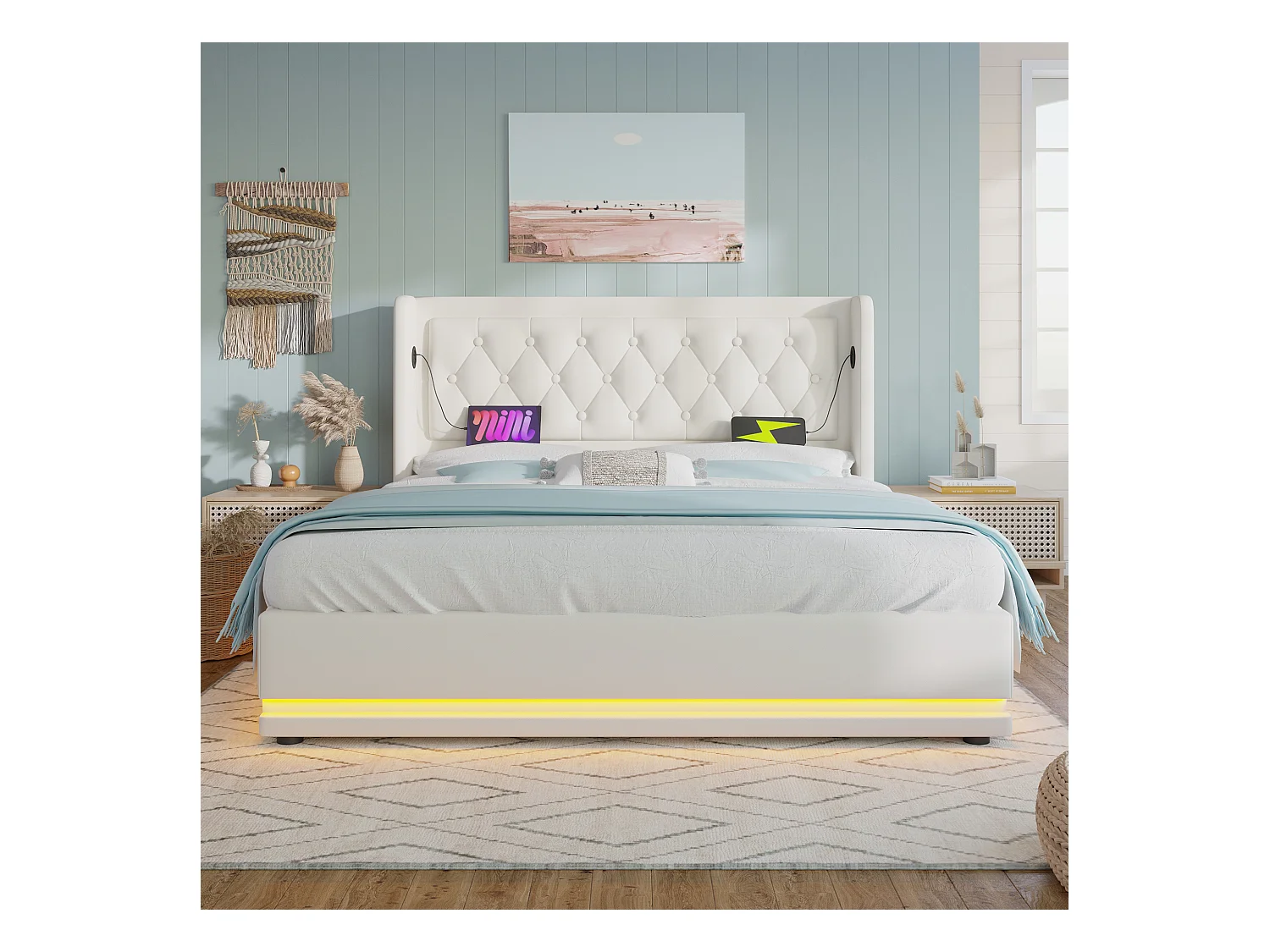 Lit coffre adulte 160x200 cm avec USB Type-C et LED sur 3 côtés- en PU blanc (sans matelas)