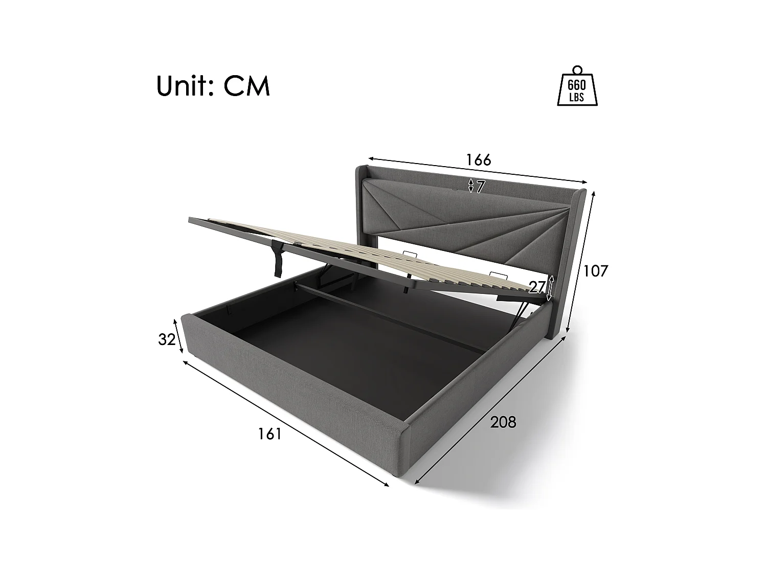 Cama baúl doble 160x200 cm con cabecero, función de carga USB Tipo-C, lino gris (sin colchón)