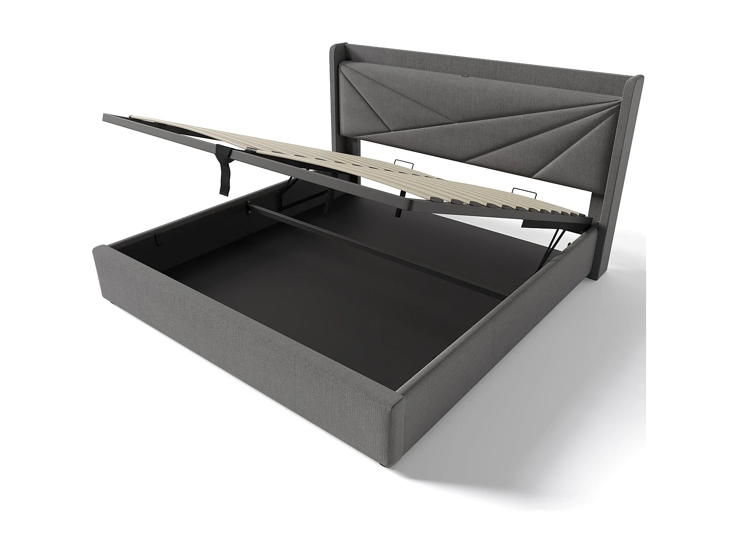 Lit coffre adulte 160x200 cm avec tête de lit, fonction de chargement USB Type-C, en lin gris, sans matelas