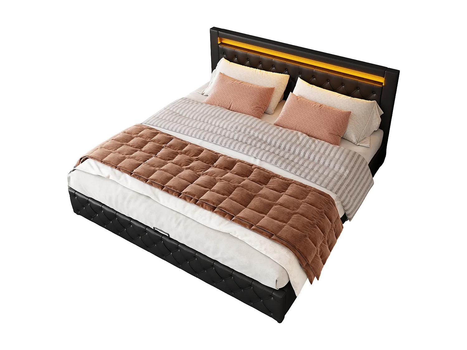 Lit coffre adulte 180x200 cm en PU noir - avec sommier à lattes et LED multicolores, sans matelas