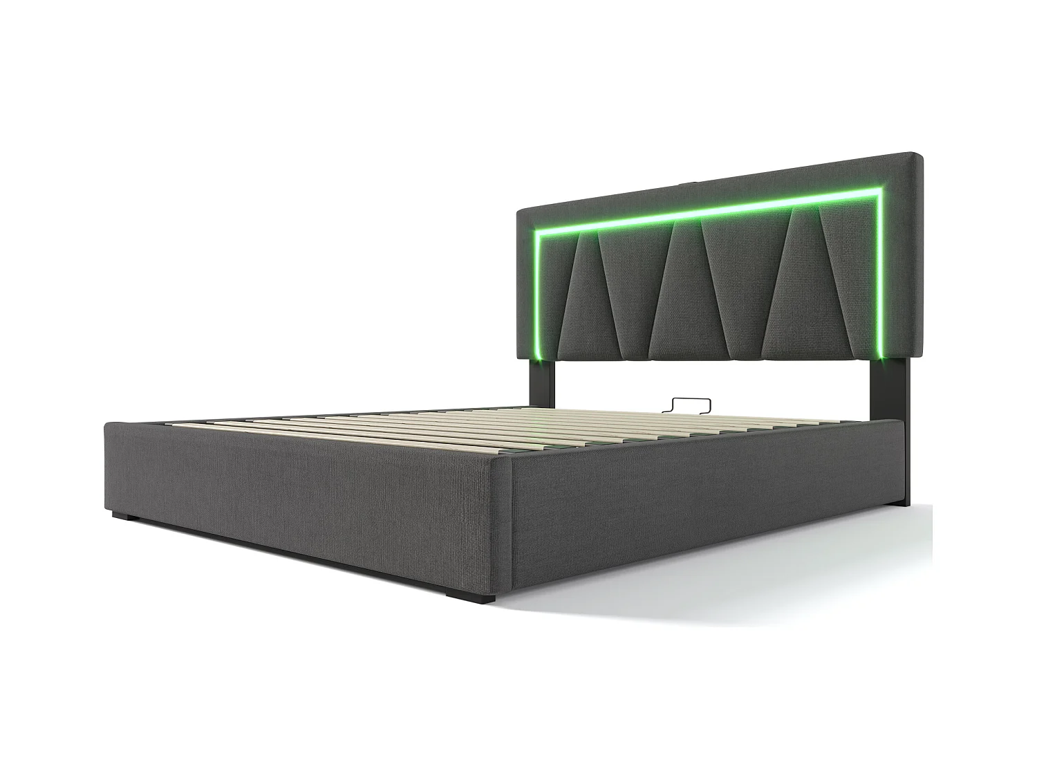 Lit coffre adulte 160x200 cm en lin beige avec sommier à lattes, USB Type-C, éclairage LED, sans matelas