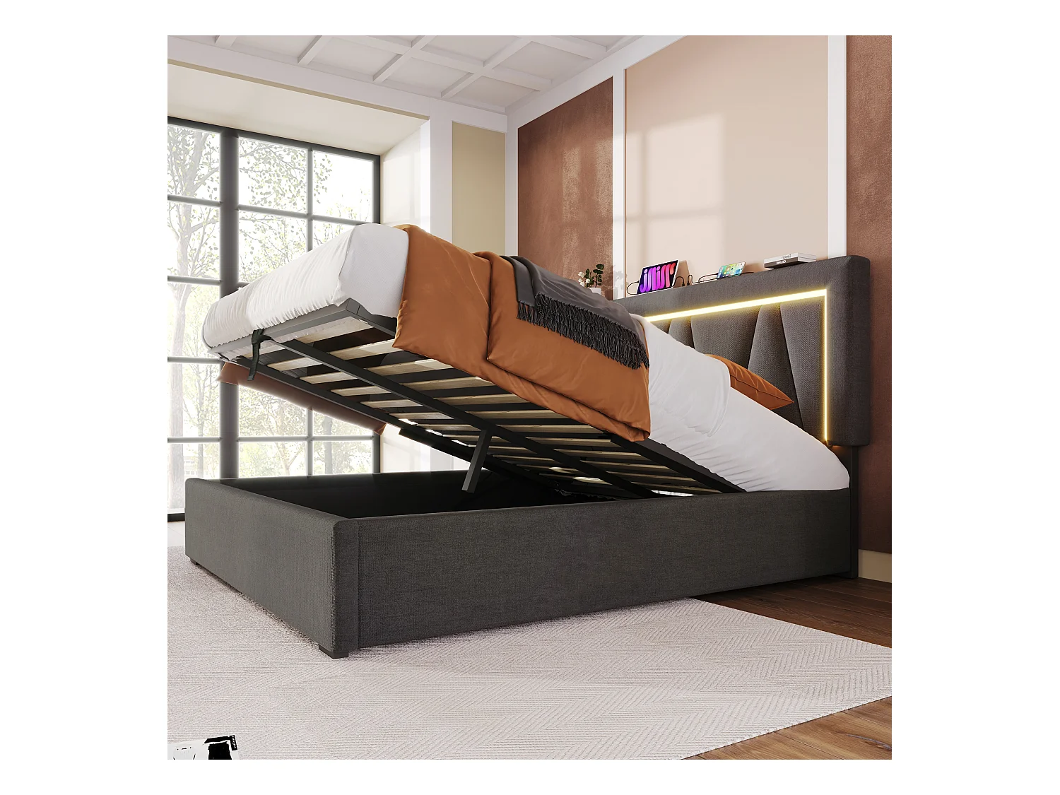 Lit coffre adulte 160x200 cm en lin beige avec sommier à lattes, USB Type-C, éclairage LED, sans matelas