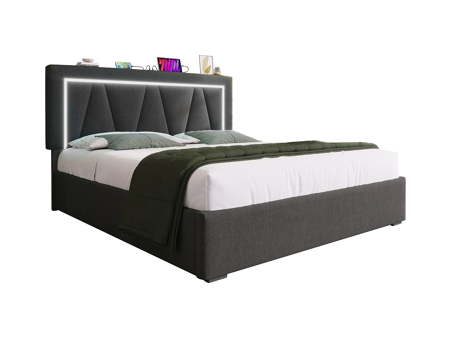 Lit coffre adulte 160x200 cm en lin beige avec sommier à lattes, USB Type-C, éclairage LED, sans matelas