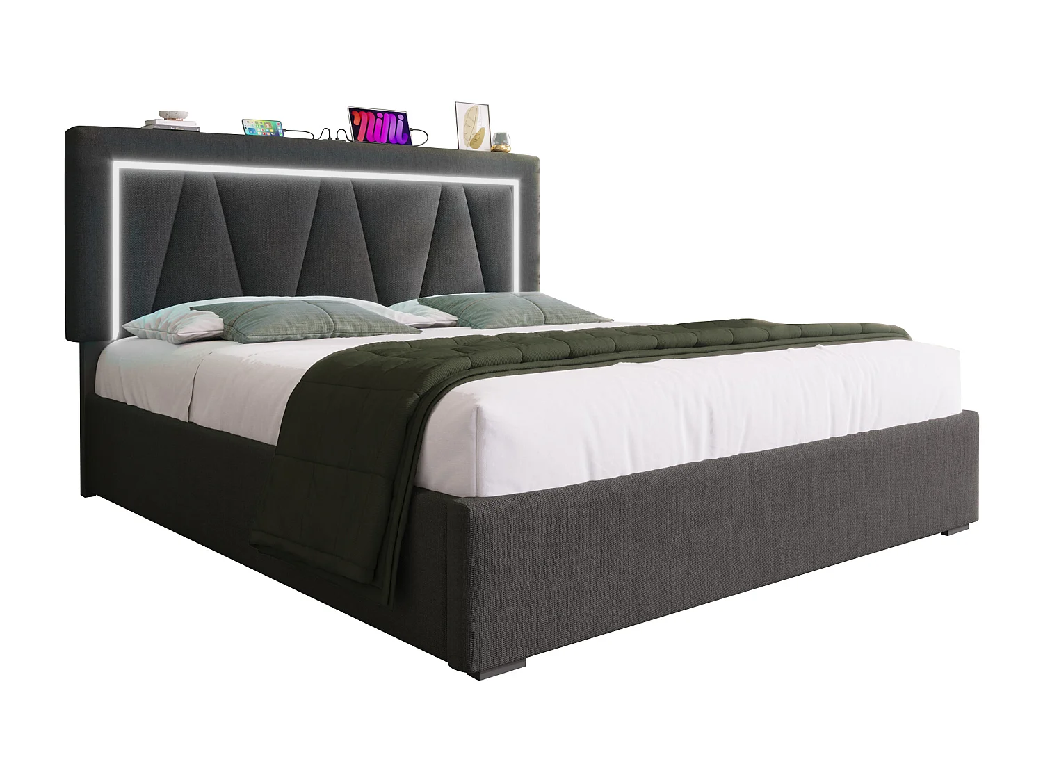 Cama baú dupla LED 160x200 cm em linho bege com estrado de ripas, USB Tipo-C, iluminação LED (sem colchão)