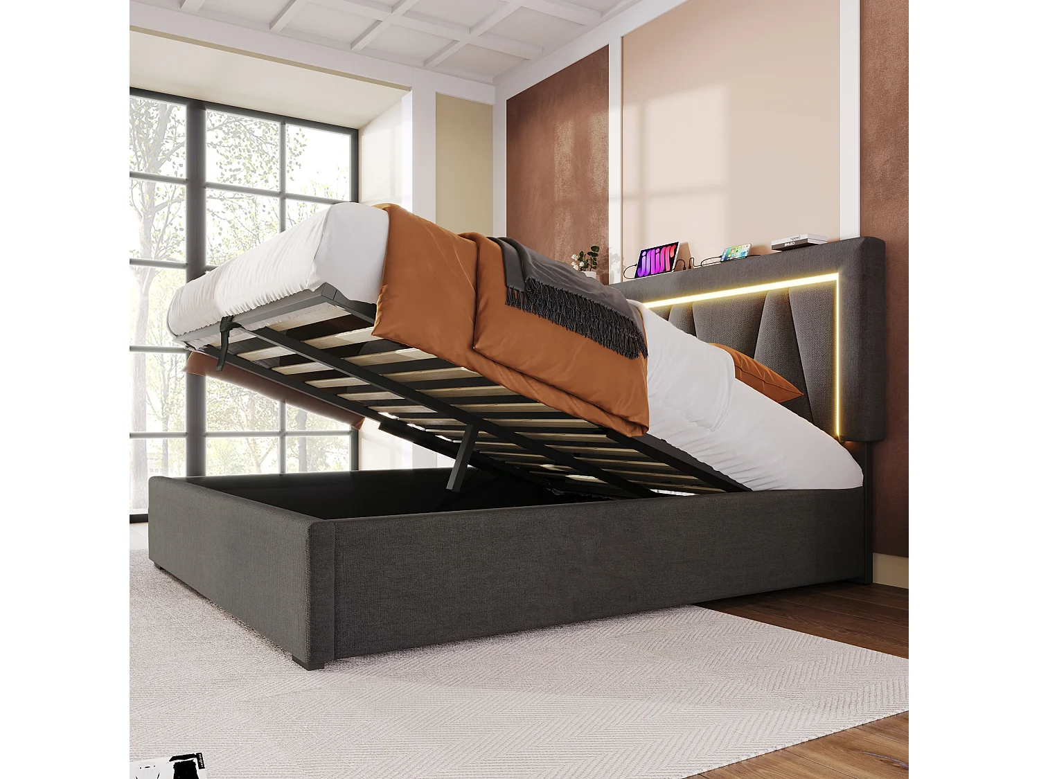 Cama baú dupla LED 160x200 cm em linho bege com estrado de ripas, USB Tipo-C, iluminação LED (sem colchão)