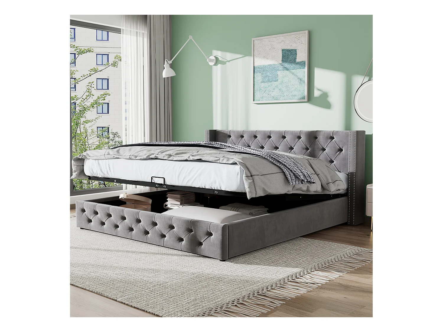 Lit coffre adulte 140x190 cm, Lit à oreiller capitonné avec clous, velours Gris, sans matelas