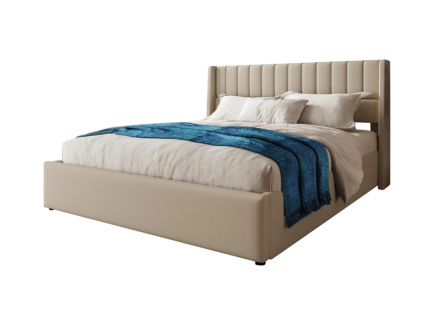 Lit coffre double 160x200 cm en lin beige - Sommier bois et métal - Style scandinave (sans matelas)