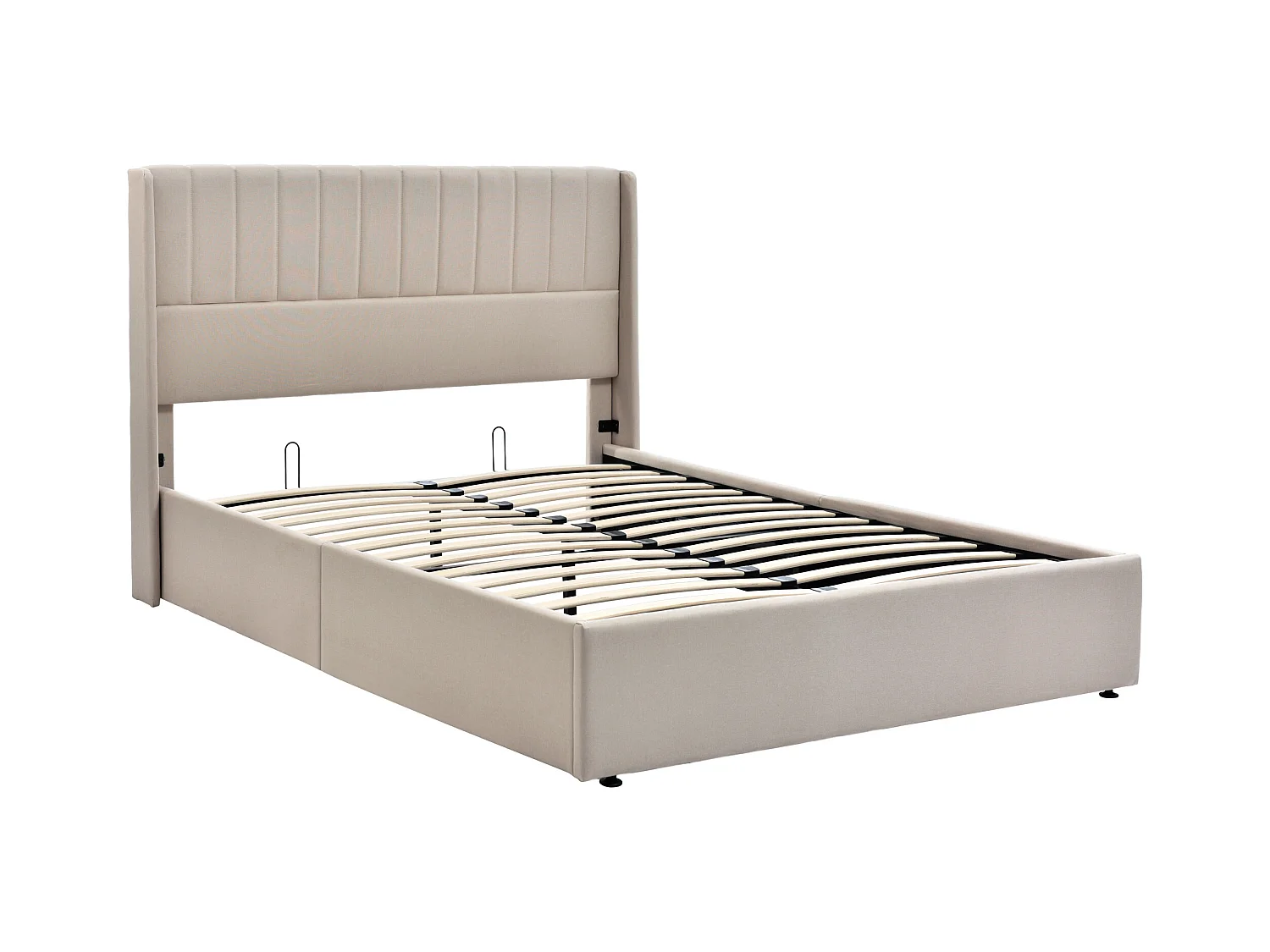 Lit coffre double 160x200 cm en lin beige - Sommier bois et métal - Style scandinave (sans matelas)