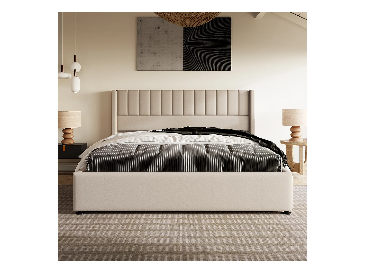 Lit coffre double 160x200 cm en lin beige - Sommier bois et métal - Style scandinave (sans matelas)