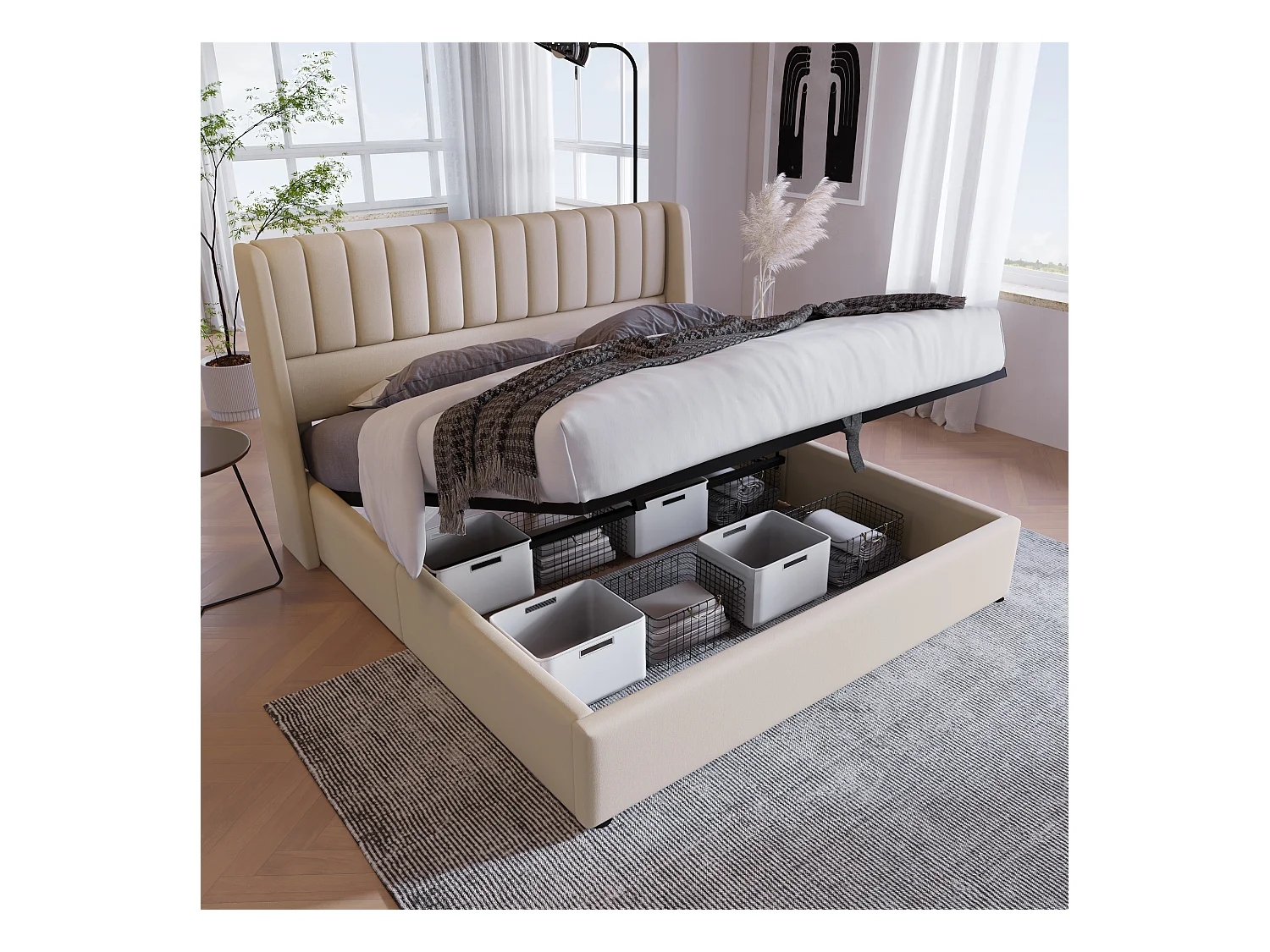 Lit coffre double 160x200 cm en lin beige - Sommier bois et métal - Style scandinave (sans matelas)