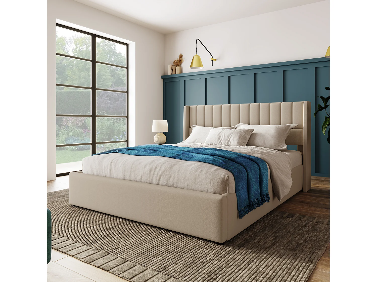 Cama baú casal 160x200 cm em linho bege - estrado de madeira e metal - estilo escandinavo (sem colchão)