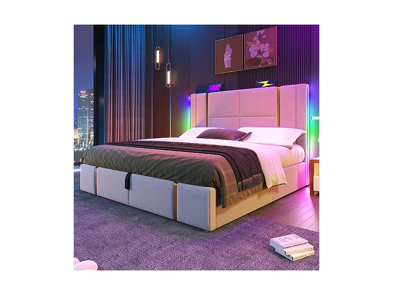 Lit coffre adulte 140x200 cm en lin beige avec USB Type-C, LED et sommier à lattes, sans matelas