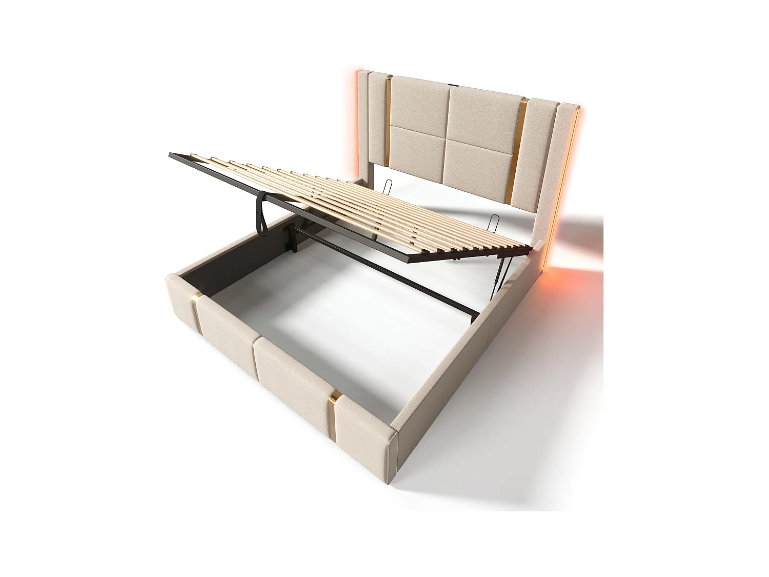 Tweepersoons opbergbed 140x200 cm in beige linnen met USB Type C, LED en houten lattenbodem (zonder matras)