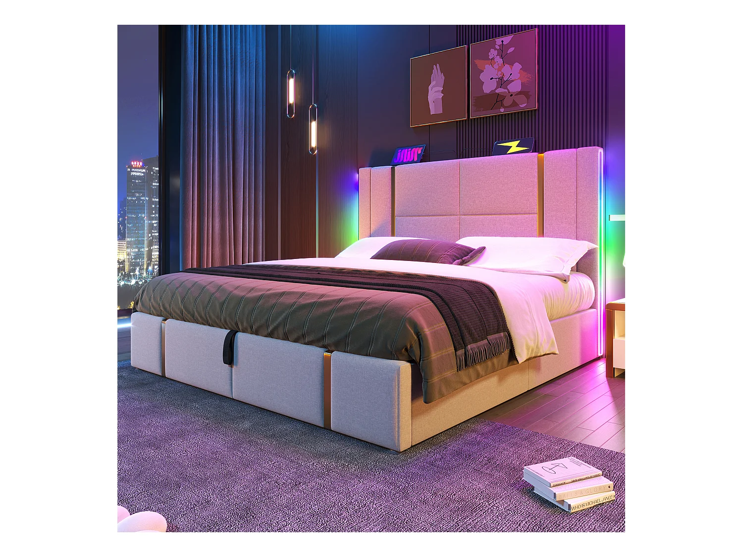 Lit coffre adulte 140x200 cm en lin beige avec USB Type-C, LED et sommier à lattes, sans matelas