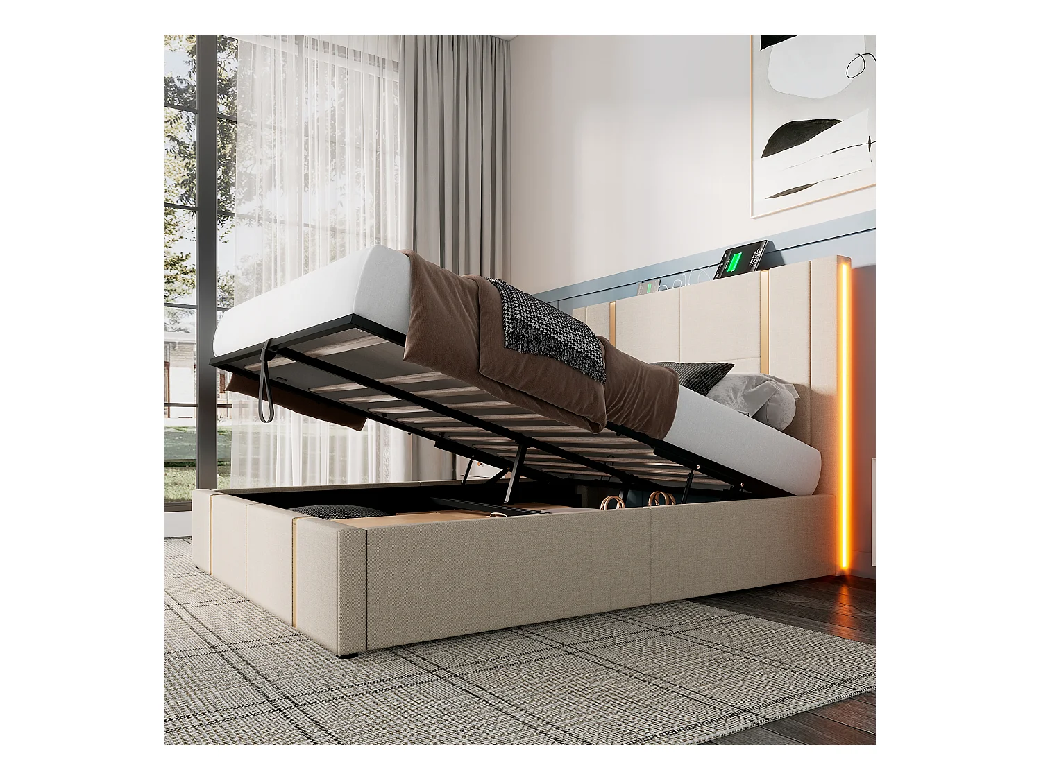 Lit coffre adulte 140x200 cm en lin beige avec USB Type-C, LED et sommier à lattes, sans matelas