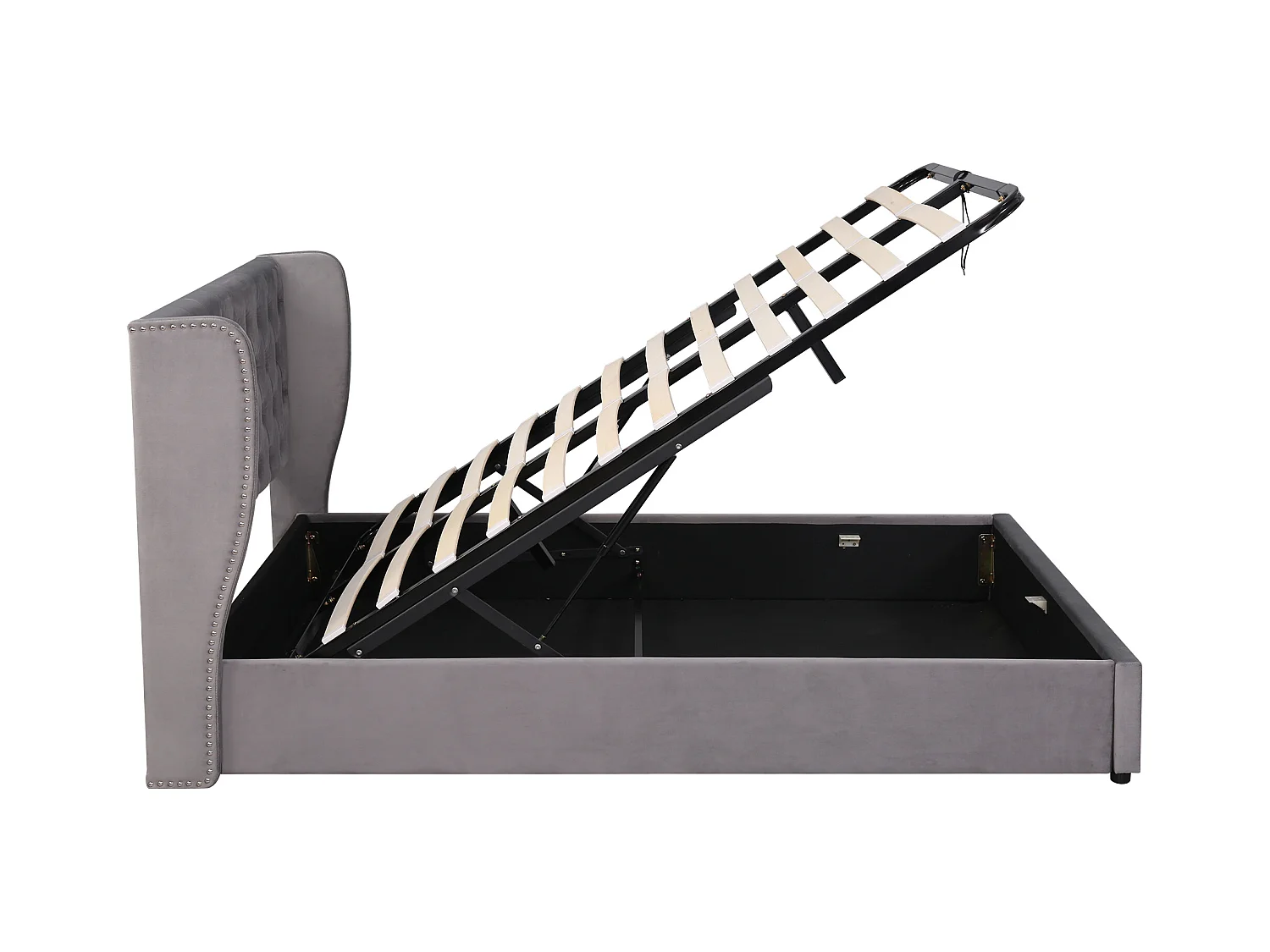 Lit coffre adulte 140x190 cm avec tête de lit capitonné en forme d'oreilles,en velours Gris, sans matelas