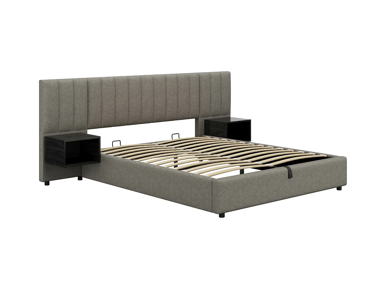 Lit coffre double 160x200 cm en lin gris et noir - avec deux compartiments de rangement(sans matelas)