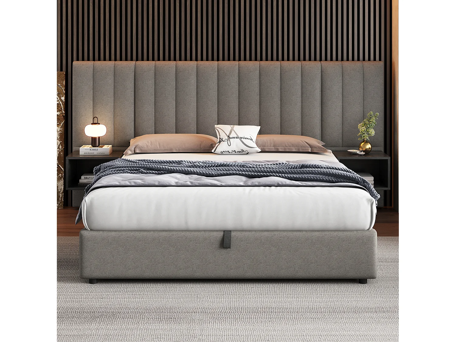 Cama baúl doble 160x200 cm en lino gris y negro - con dos compartimentos de almacenamiento (sin colchón)