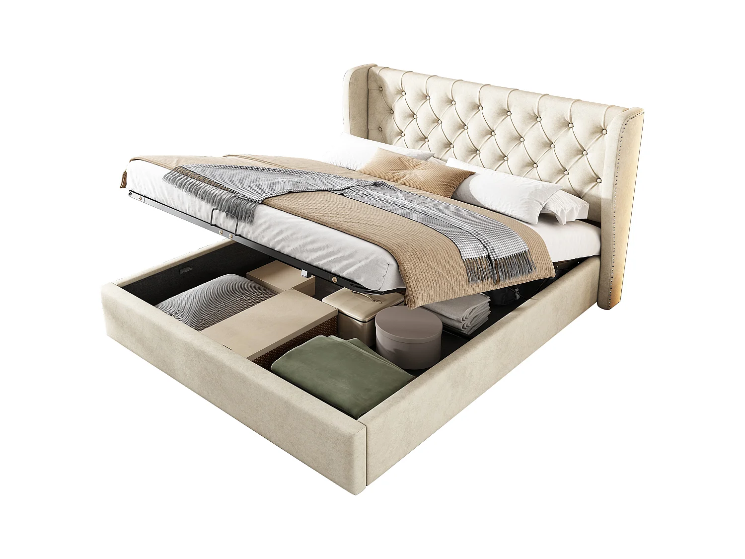 Lit coffre adulte 180 x 200 cm en velours beige, tête de lit en forme d'oreilles, sans matelas