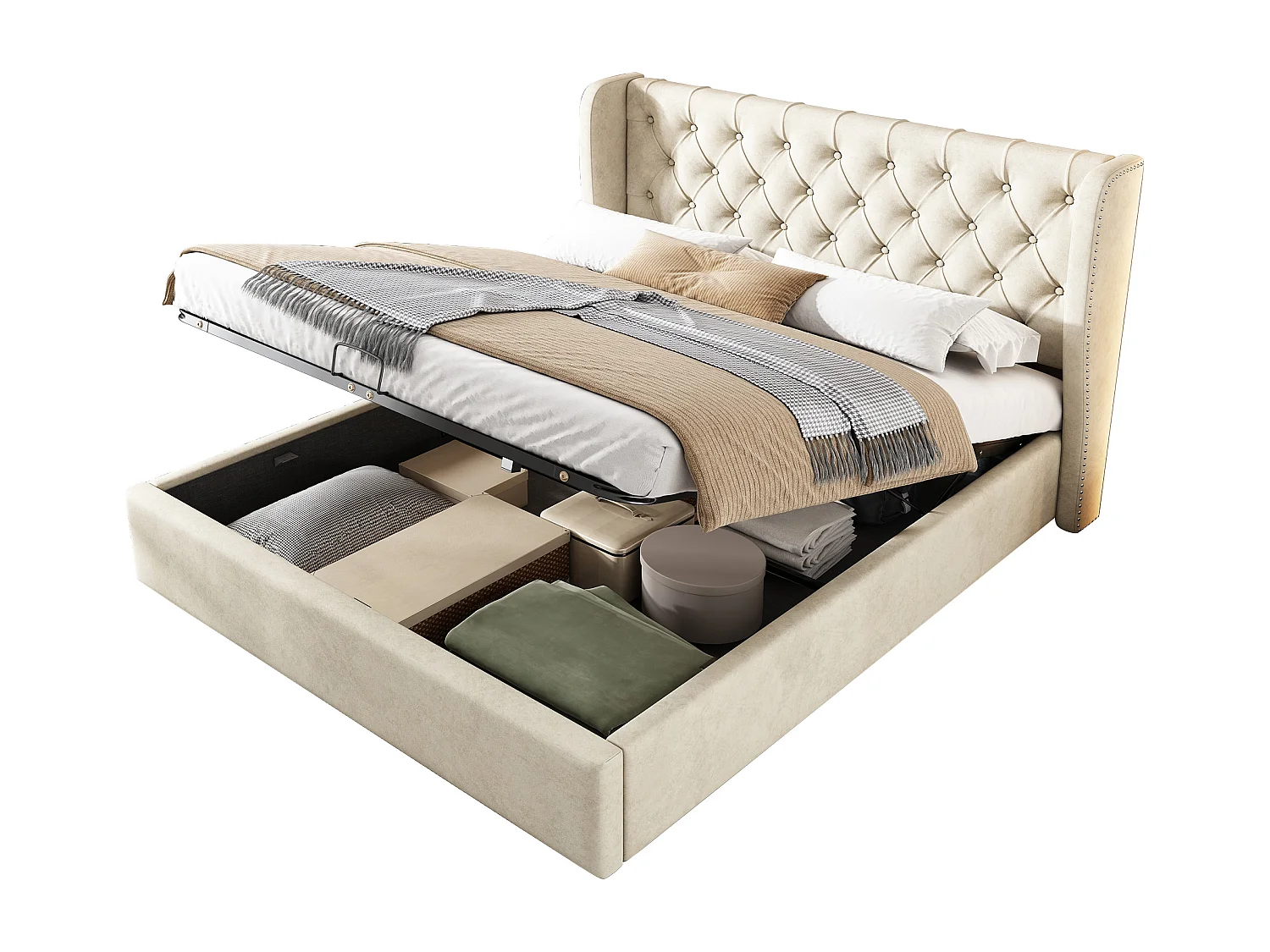 Cama baúl doble 180 x 200 cm en terciopelo beige, cabecero con forma de orejas (sin colchón)