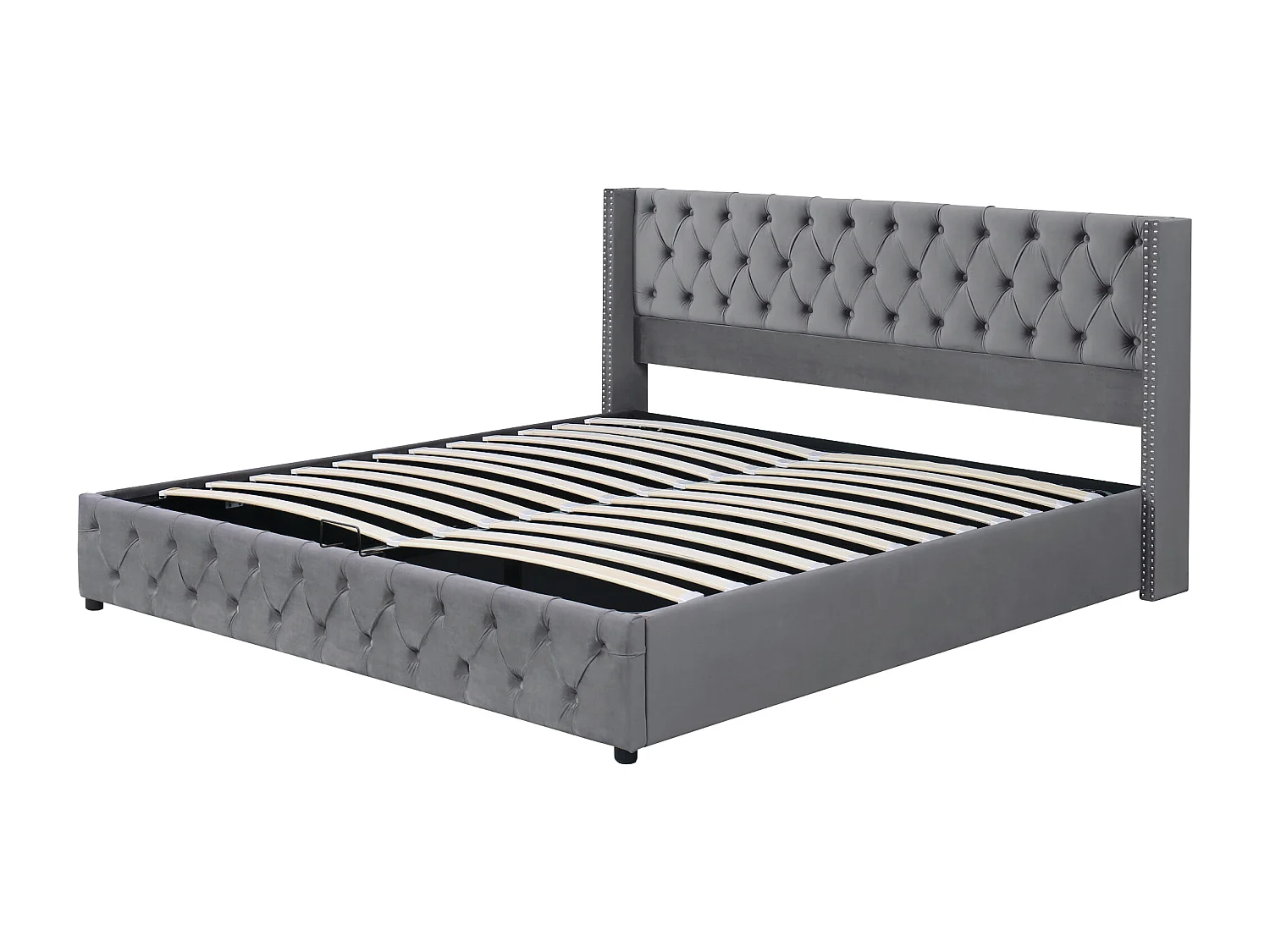 Cama baú dupla 160x200 cm, formato orelhas, flanela cinza capitonê na cabeceira (sem colchão)