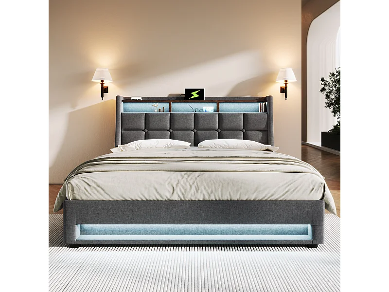 Lit coffre adulte 140x200 cm avec port USB et LED, revêtement en lin gris– Sans matelas