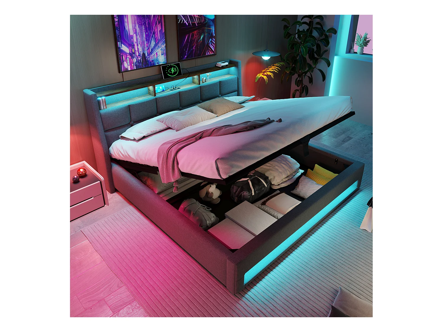 Lit coffre adulte 140x200 cm avec port USB et LED, revêtement en lin gris– Sans matelas