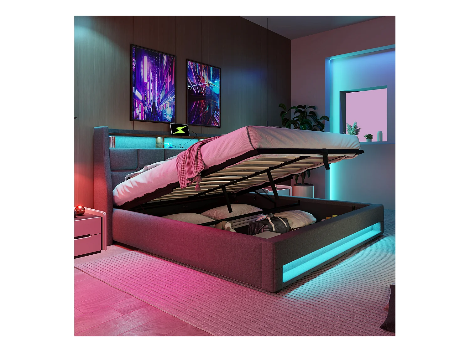 Lit coffre adulte 140x200 cm avec port USB et LED, revêtement en lin gris– Sans matelas